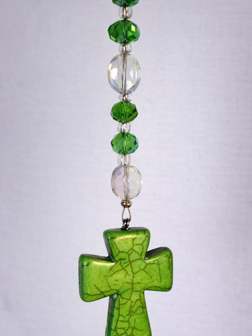 Green Cross Car Mirror Charm • Beaded Rearview Mirror Accessory • Handmade